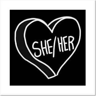 She Her Pronouns Black And White Heart Posters and Art